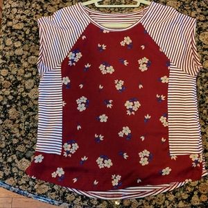 Maeve Anthropologie Maroon Floral & Stripe Tee Top Size Large